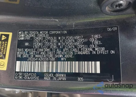 2009 Toyota Highlander z USA, uszkodzony, nr VIN JTEDS41A392087688